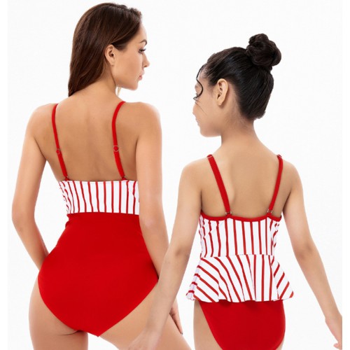 Red with white striped Swimsuit female parent-child one-piece bikini sexy mother and daughter bikini children Vacation Beach Leisure Swimwear